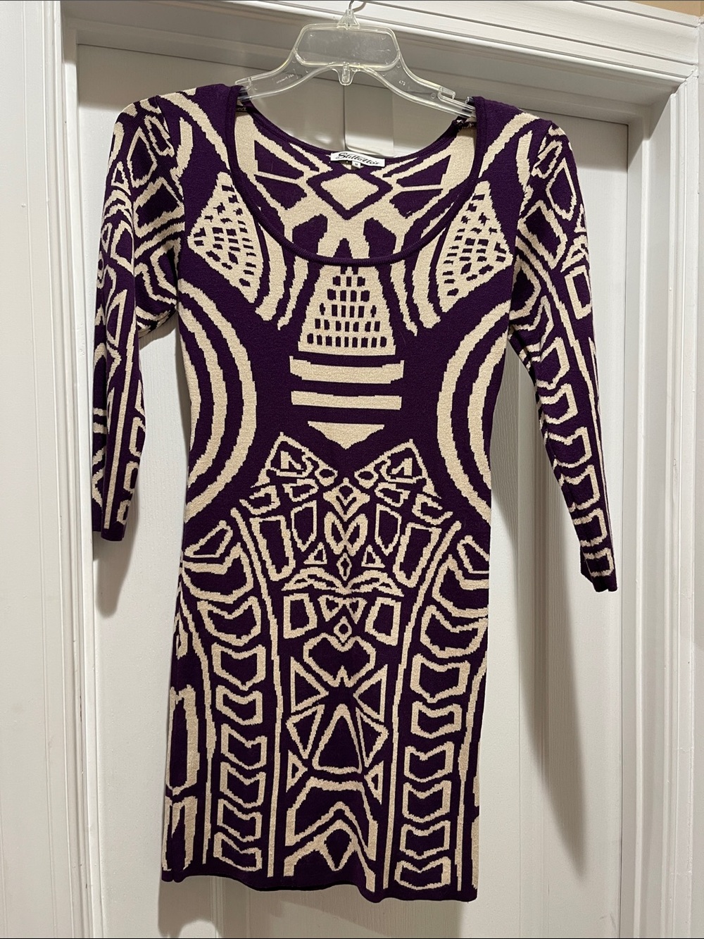 Women's Purple and Cream Long Sleeve Patterned Knit Dress